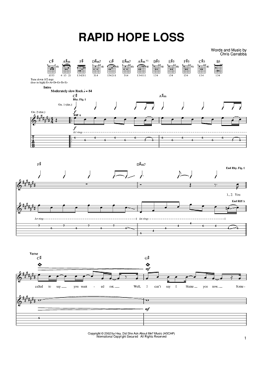 Rapid Hope Loss" Sheet Music by Dashboard Confessional for Guitar Tab