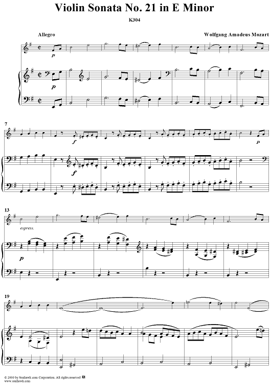 Violin Sonata No. 21 in E Minor, K300c (K304) - Piano Score