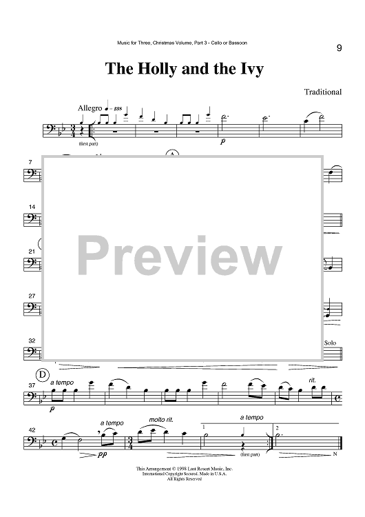 The Holly and the Ivy - Part 3 Cello or Bassoon