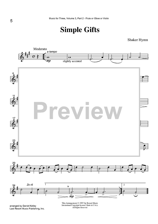 Simple Gifts - Part 2 Flute, Oboe or Violin