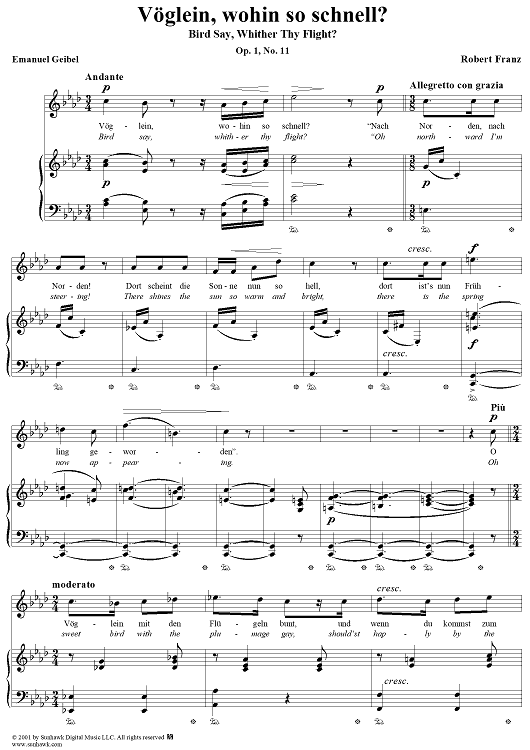 Twelve Songs, op. 1, no. 11: Bird Say, Whither Thy Flight?  (Vöglein, wohin so schnell?)
