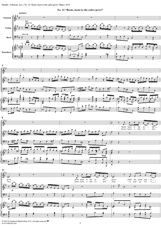 Haste, haste to the cedar grove, No. 12 from Oratorio "Solomon", Act 1 (HWV67)