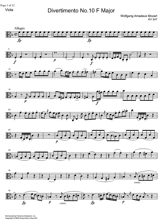 Divertimento No.10 F Major KV247 - Viola