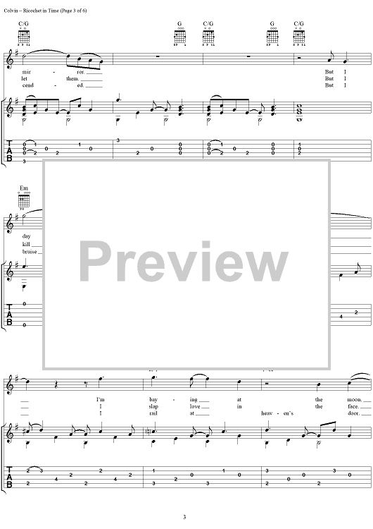 Ricochet in Time" Sheet Music by Shawn Colvin for Guitar Tab/Vocal