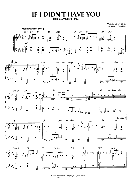 If I Didn't Have You - from Monsters, Inc." Sheet Music for Piano  Solo