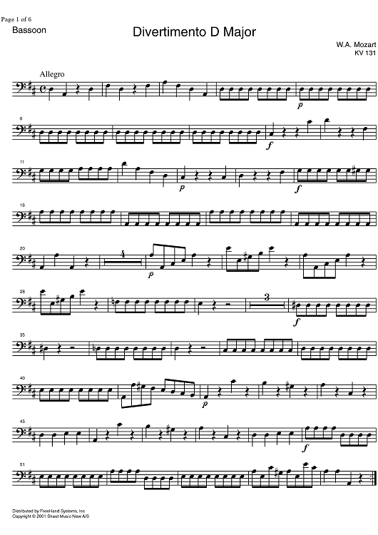 Divertimento No. 2 D Major KV131 - Bassoon