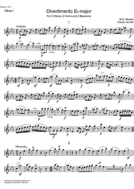 Divertimento No.12 Eb Major KV252 - Oboe 1