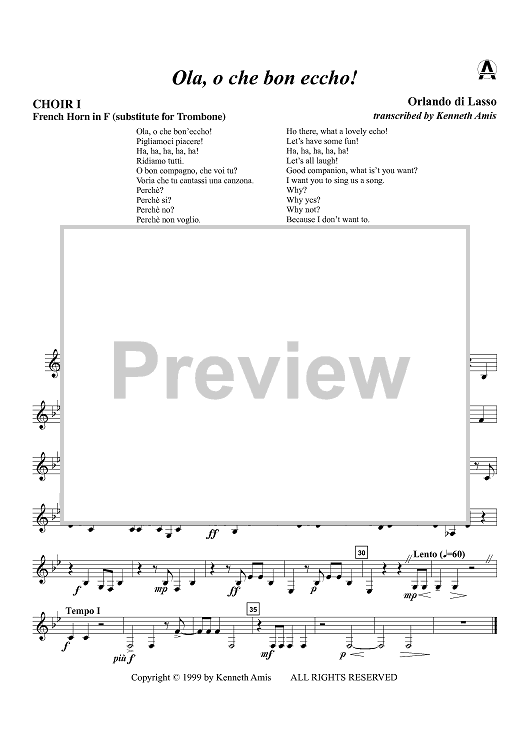 Ola, o che bon eccho! - Choir 1, Horn in F (subst. for Tbn.)