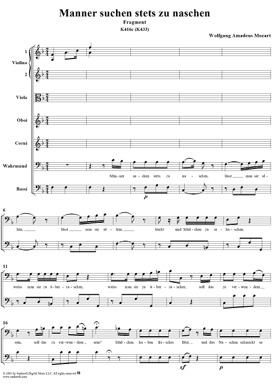 Aria for Bass and Orchestra: "Männer suchen stets zu naschen", K. 433 (K. 416c) - Full Score