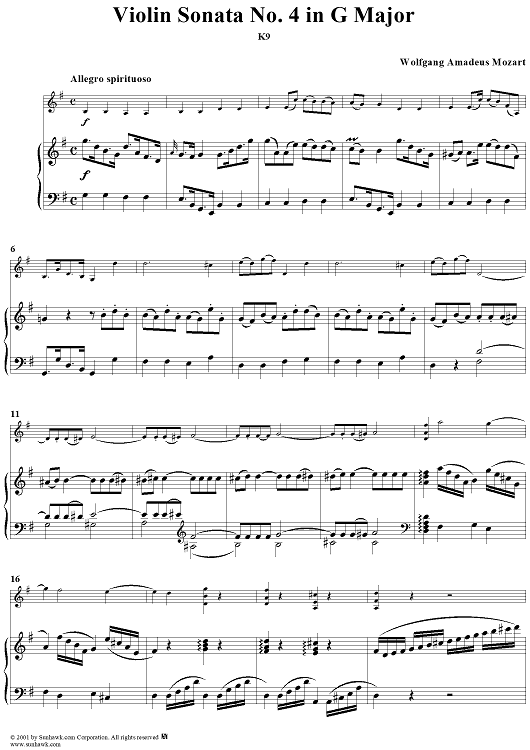 Violin Sonata No. 4 in G Major, K9 - Piano Score