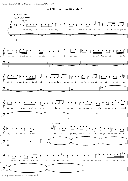 Ed ecco, o prodi Cavalier: No. 4 from "Tancredi", Act 1, Scene 2 - Score