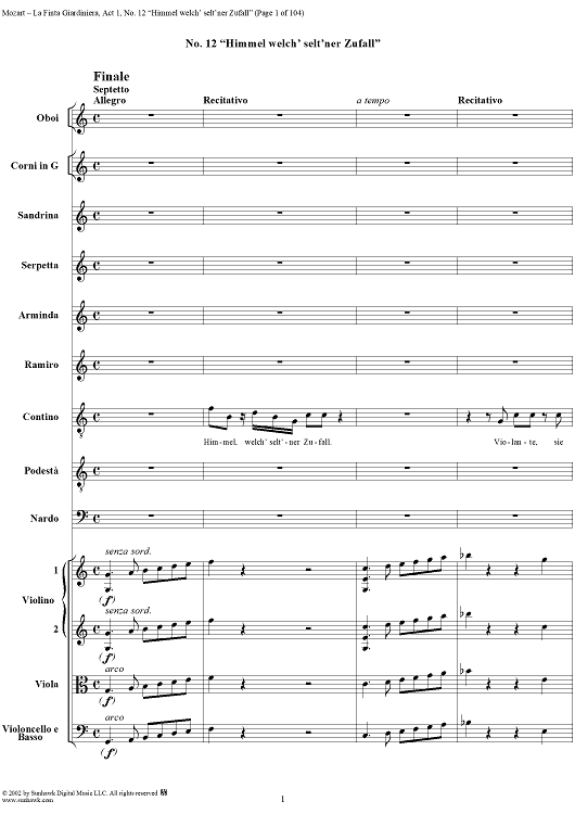 La Finta Giardiniera, Act 1, No. 12 "Himmel welch' selt'ner Zufall" (Finale, Septet) - Full Score