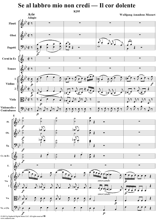 "Se al labbro mio non credi" and "Il cor dolente", aria, K295 - Full Score