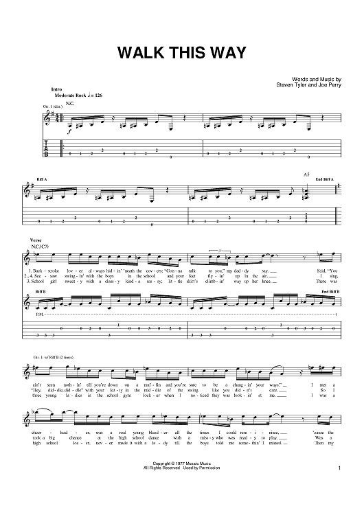 Walk This Way" Sheet Music by Aerosmith; RunD.M.C. for Easy Guitar Tab Sheet Music Now