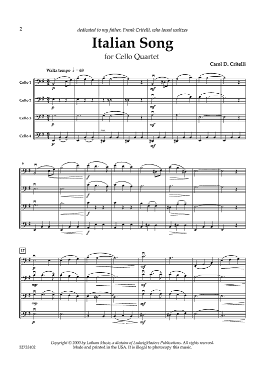 Italian Song for Cello Quartet - Score
