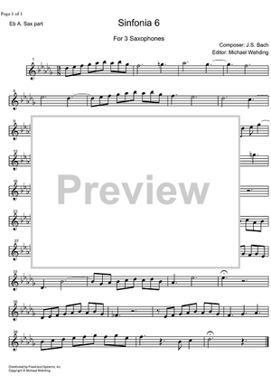 Three Part Sinfonia No. 6 BWV 792 E Major - E-flat Alto Saxophone