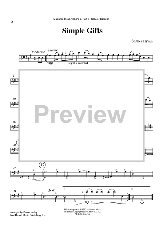 Simple Gifts - Part 3 Cello or Bassoon