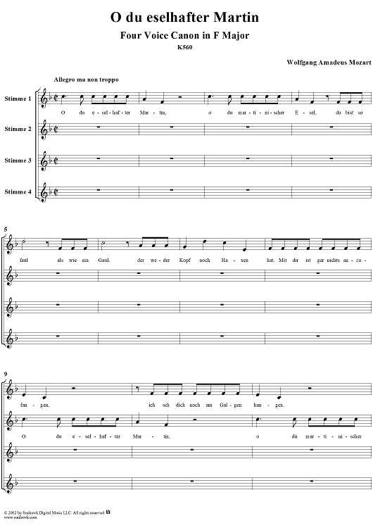 O du eselhafter Martin, four voice canon in F Major, K560