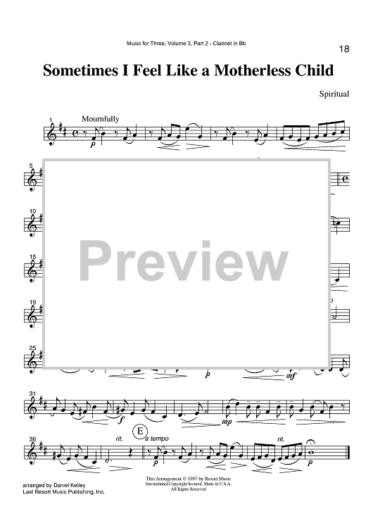Sometimes I Feel Like a Motherless Child - Part 2 Clarinet in Bb