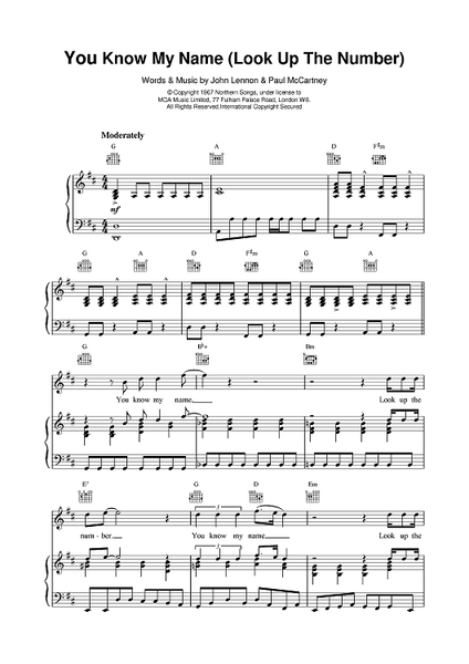 You Know My Name (Look Up The Number) sheet music for guitar (chords) v2