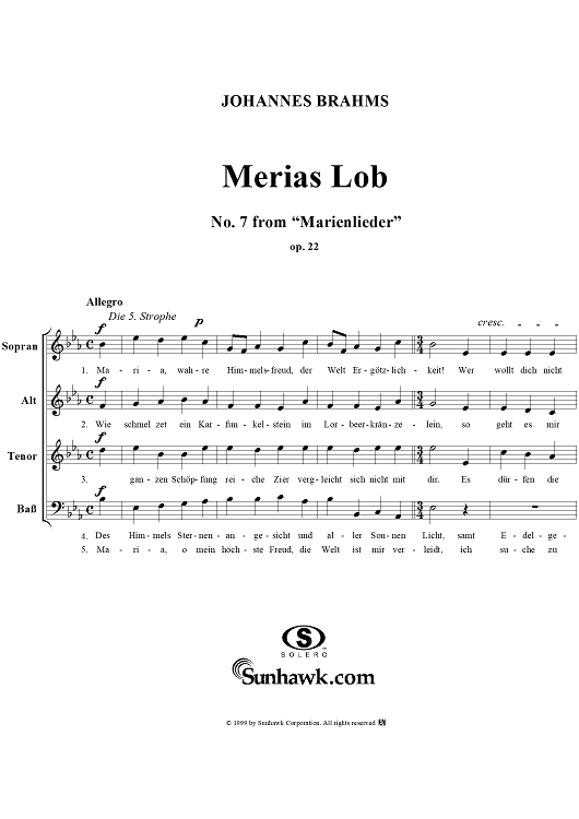 Marias Lob - No. 7 from "Marienlieder", Op. 22
