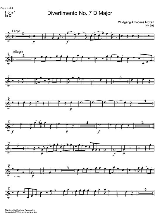 Divertimento No. 7 D Major KV205 - Horn in D 1