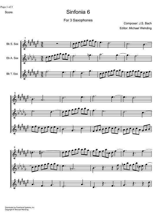 Three Part Sinfonia No. 6 BWV 792 E Major - Score