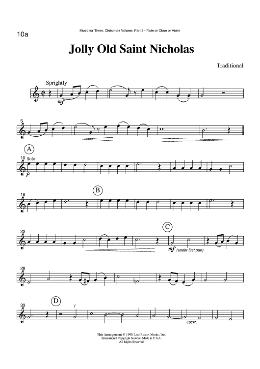 Jolly Old Saint Nicholas - Part 2 Flute, Oboe or Violin