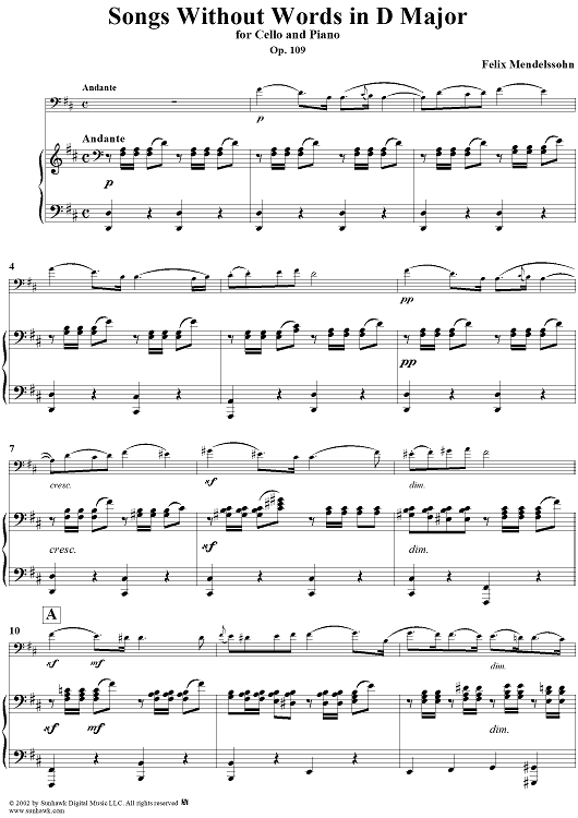 Songs Without Words in D Major, Op. 109 - Piano Score