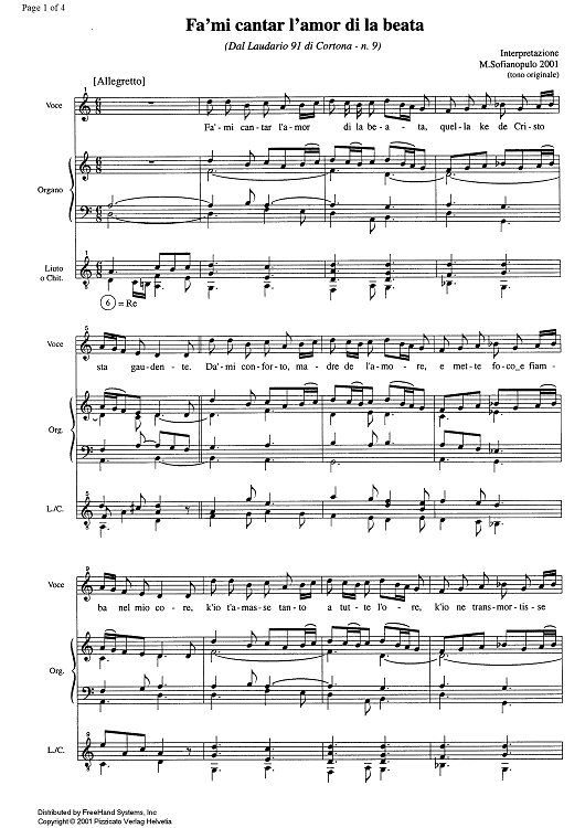 Fa'mi cantar l'amor di la beata - Score