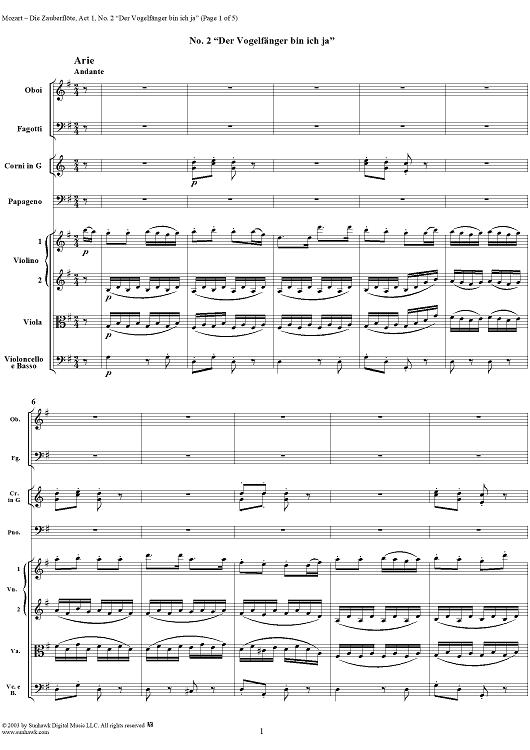 "Der Vogelfänger bin ich ja", No. 2 from  "Die Zauberflöte", Act 1 (K620) - Full Score