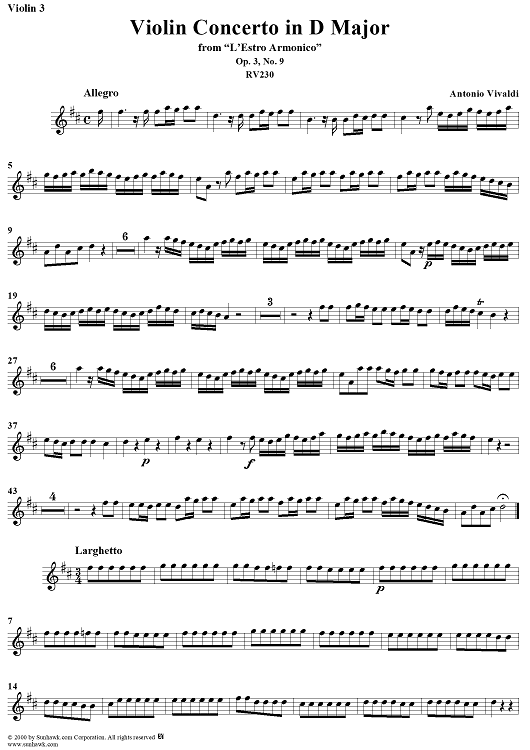 Violin Concerto in D Major    - from "L'Estro Armonico" - Op. 3/9  (RV230) - Violin 3