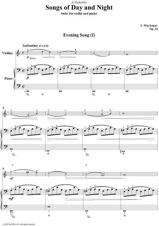 Songs of Day and Night. Suite for violin and piano - Piano Score