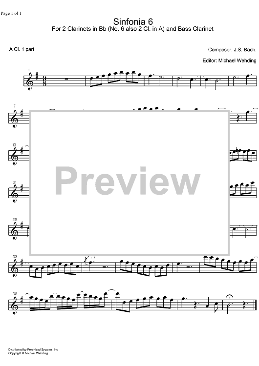 Three Part Sinfonia No. 6 BWV 792 E Major - A Clarinet 1