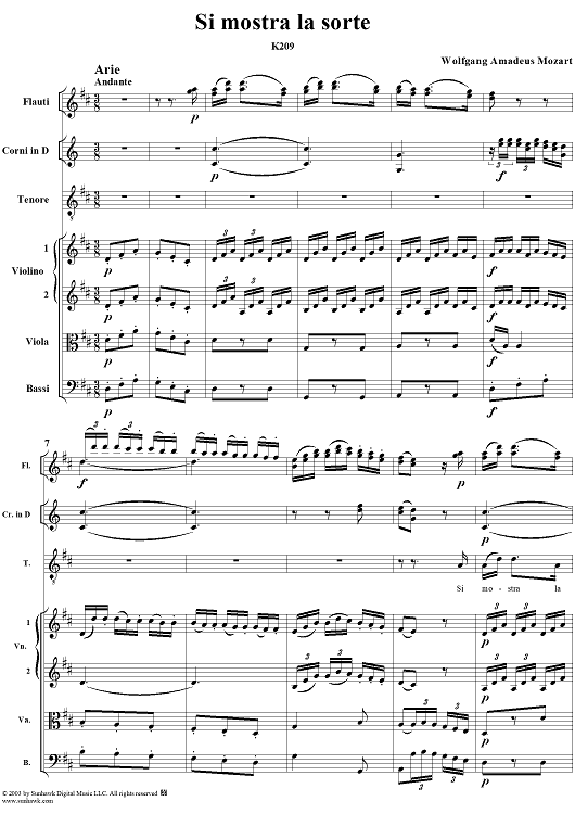"Si mostra la sorte", aria, K209 - Full Score