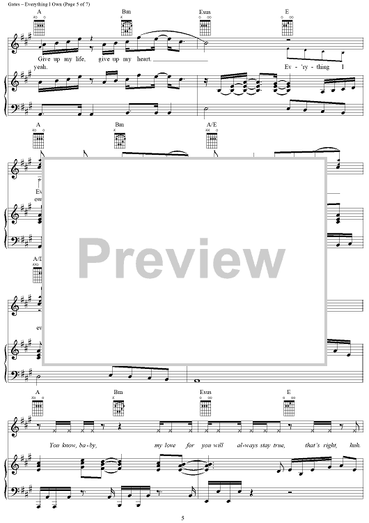 Everything I Own" Sheet Music by Bread; *Nsync for Piano/Vocal/Chords