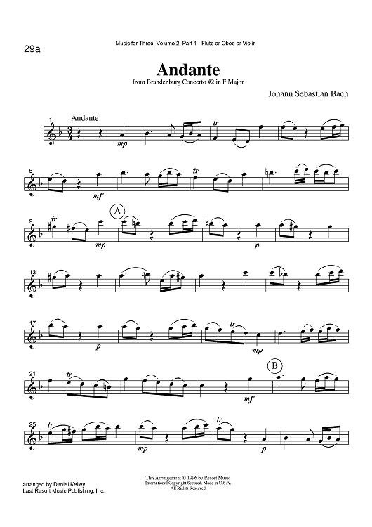 Andante - from Brandenburg Concerto #2 in F Major - Part 1 Flute, Oboe or Violin