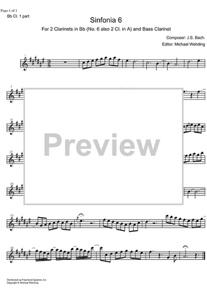 Three Part Sinfonia No. 6 BWV 792 E Major - B-flat Clarinet 1