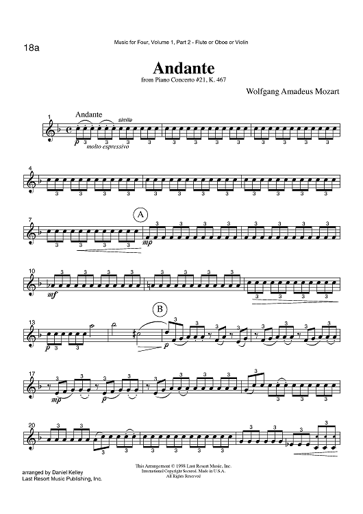 Andante - from Piano Concerto #21, K. 467 - Part 2 Flute, Oboe or Violin