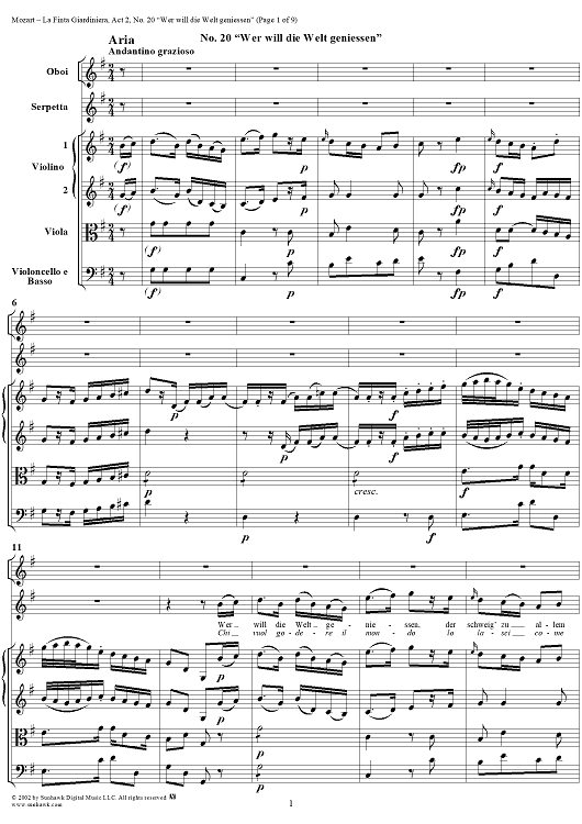 La Finta Giardiniera, Act 2, No. 20 "Wer will die Welt geniessen" (Aria) - Full Score