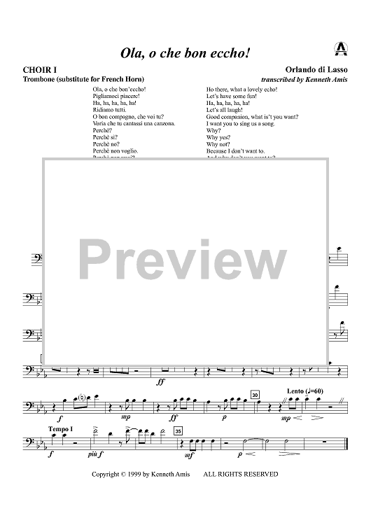Ola, o che bon eccho! - Choir 1, Trombone (subst. for Horn)