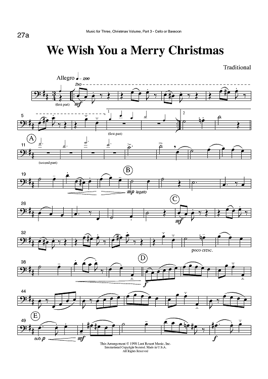 We Wish You a Merry Christmas - Part 3 Cello or Bassoon