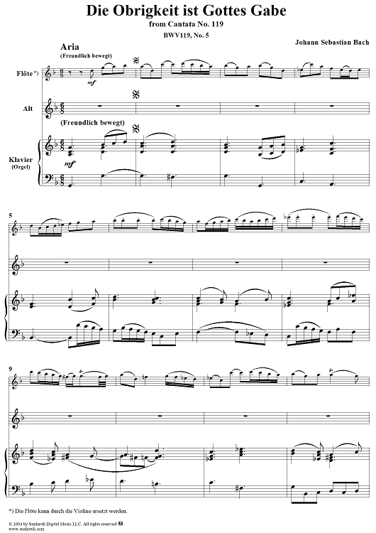 "Die Obrigkeit ist Gottes Gabe", Aria, No. 5 from Cantata No. 119: "Preise, Jerusalem, den Herrn" - Piano Score