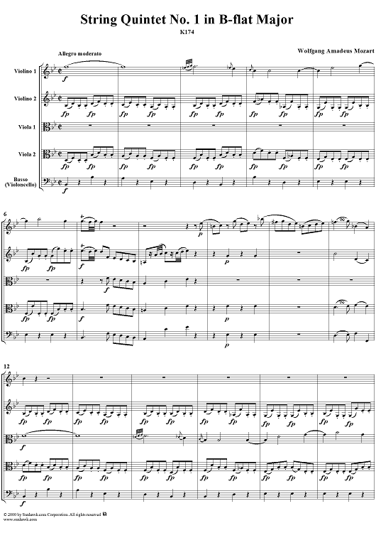String Quintet No. 1 in B-Flat Major, K174 - Score
