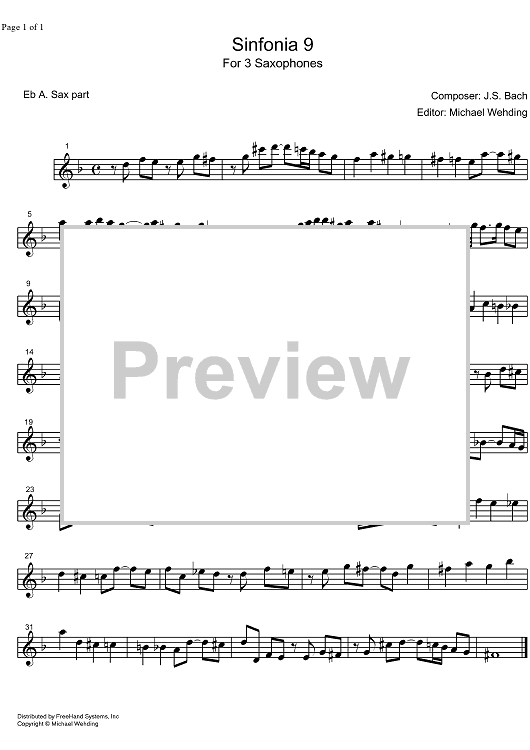 Three Part Sinfonia No. 9 BWV 795 f minor - E-flat Alto Saxophone