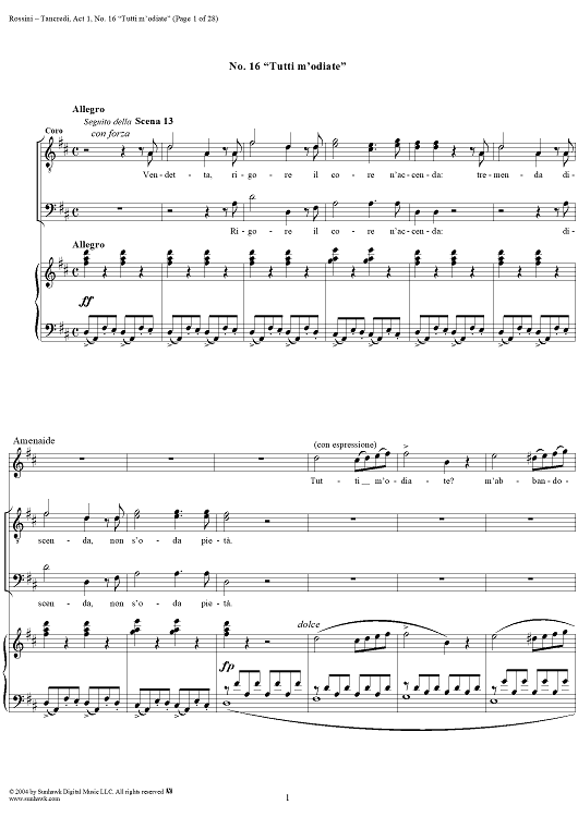 Tutti m' odiate: No. 16 from "Tancredi", Act 1, Scene 13 - Score