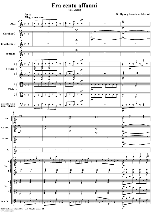 "Fra cento affanni", aria, K73c (K88) - Full Score