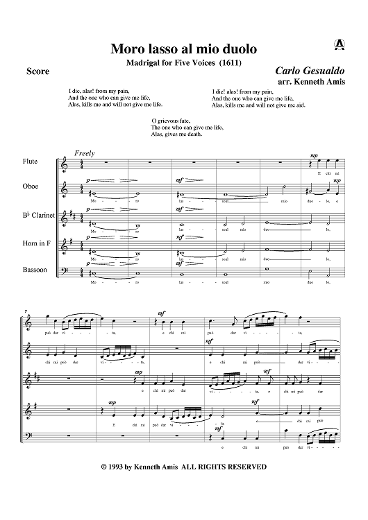 Moro lasso al mio duolo - Score