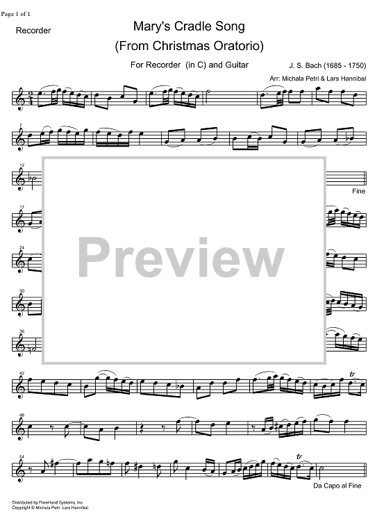 Mary's Cradle Song from the Christmas Oratorio BWV 248 - Soprano Recorder