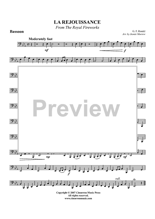 La Rejouissance - from The Royal Fireworks - Bassoon